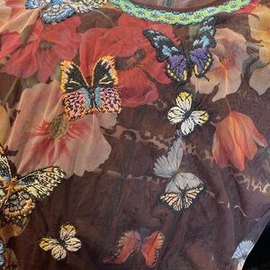 Biya Johnny Was maxi dress embroidered butterflies over brown patterned mesh.